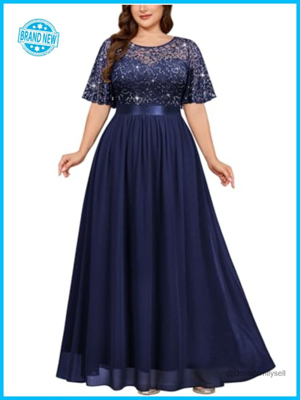 Plus Size Sequin Lace Flutter Sleeve A-Line Formal Dress